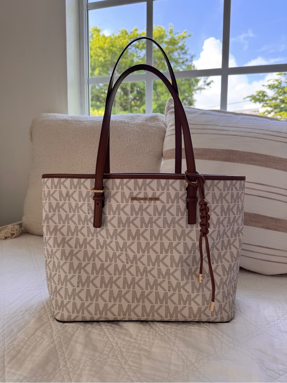 Michael Kors Beige Canvas MK Logo Tote with Brown Trim